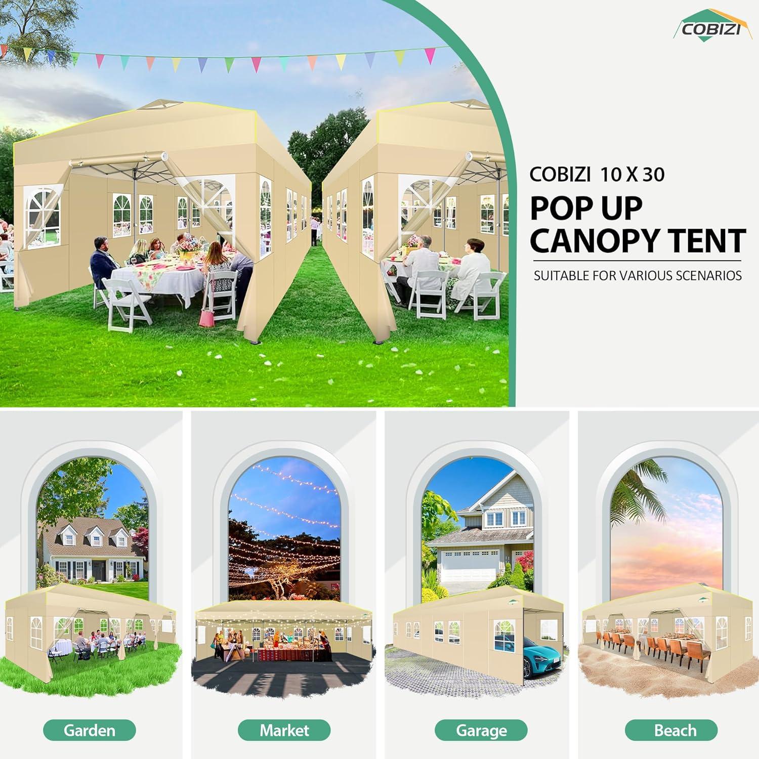 image:imageCOBIZI Heavy Duty 10x20 Pop up Canopy Tent with 6 Sidewalls Commercial Instant Canopies Tents for Parties Waterproof Gazebos with Roller Bag All Season Wind amp Waterproof UPF50Thickened FrameKhaki1year warranty