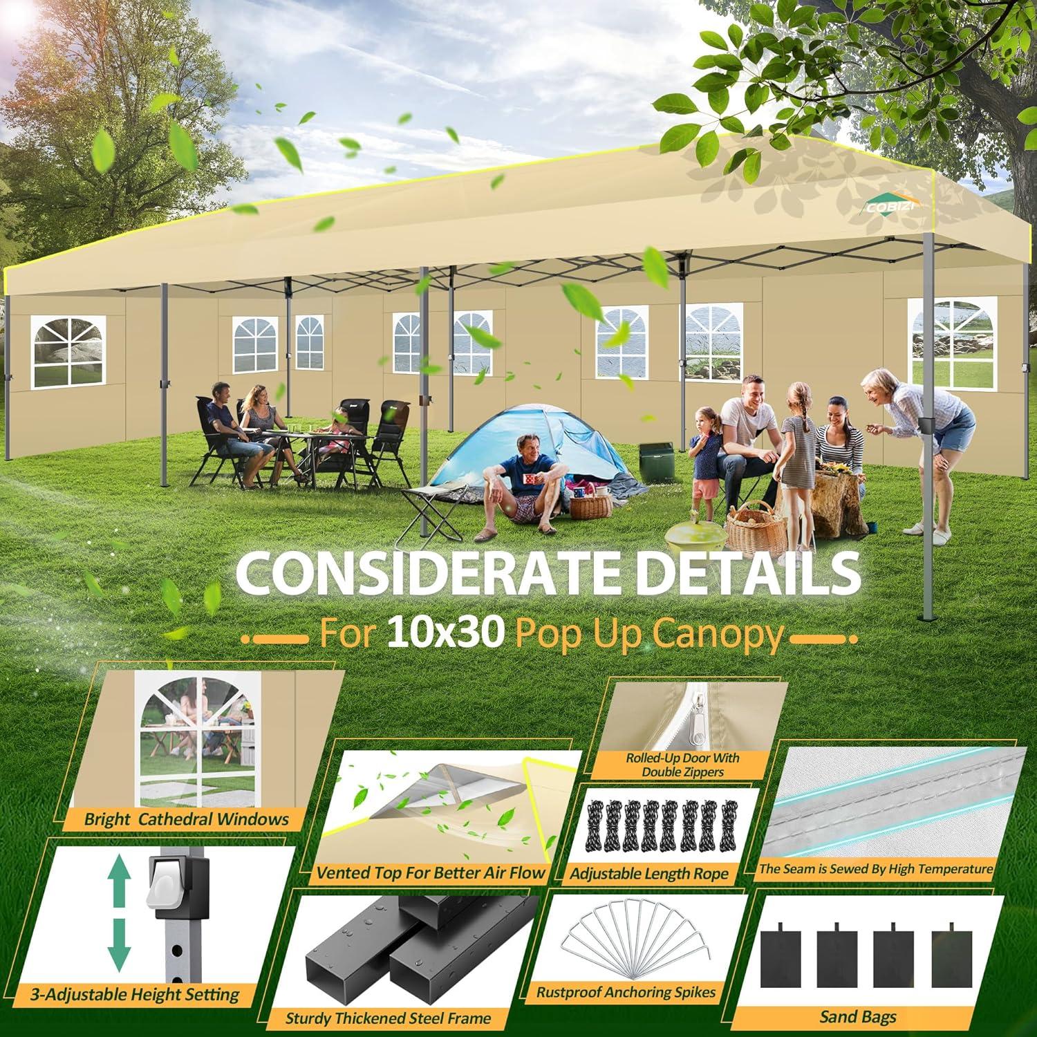 image:imageCOBIZI Heavy Duty 10x20 Pop up Canopy Tent with 6 Sidewalls Commercial Instant Canopies Tents for Parties Waterproof Gazebos with Roller Bag All Season Wind amp Waterproof UPF50Thickened FrameKhaki1year warranty