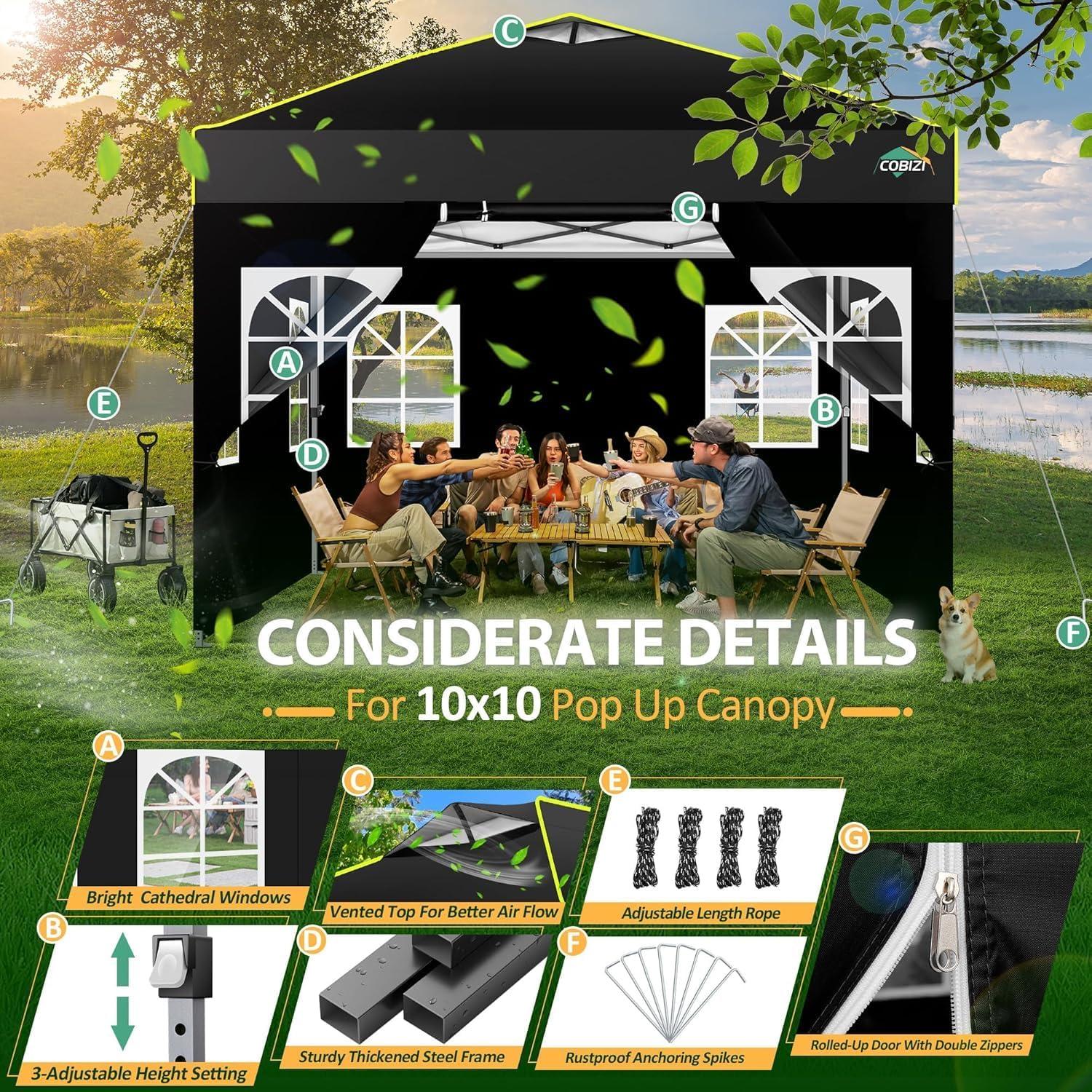 image:imageCOBIZI Heavy Duty 10x20 Pop up Canopy Tent with 6 Sidewalls Commercial Instant Canopies Tents for Parties Waterproof Gazebos with Roller Bag All Season Wind amp Waterproof UPF50Thickened FrameBlack1year warranty