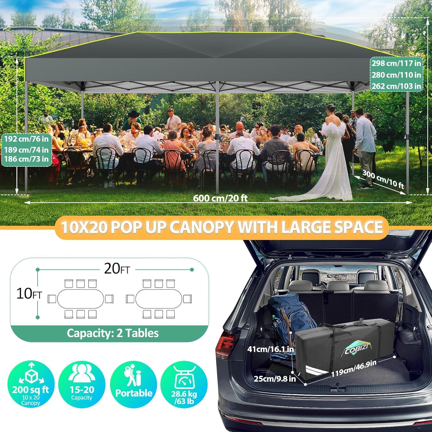 image:imageCOBIZI Heavy Duty 10x20 Pop up Canopy Tent with 6 Sidewalls Commercial Instant Canopies Tents for Parties Waterproof Gazebos with Roller Bag All Season Wind amp Waterproof UPF50Thickened FrameGrey1year warranty