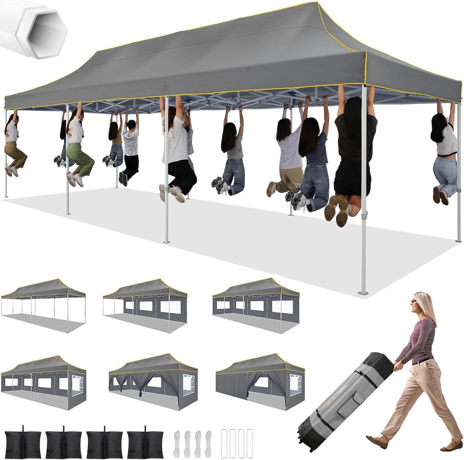 image:imageHOTEEL 10x15 Heavy Duty Pop up Canopy Tent for Parties with 4 Sidewalls Easy Setup Outdoor Commercial Instant Gazebo for Wedding Event with Roller Bag amp Sand Bags BlackHexagonal FrameDark Gray