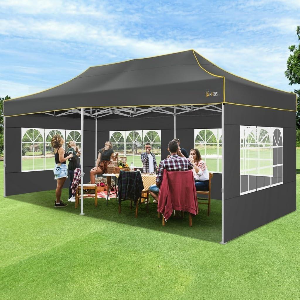 image:imageHOTEEL 10x15 Heavy Duty Pop up Canopy Tent for Parties with 4 Sidewalls Easy Setup Outdoor Commercial Instant Gazebo for Wedding Event with Roller Bag amp Sand Bags BlackHexagonal FrameDark Gray