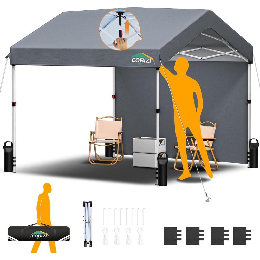 image:imageCOBIZI 10x10 Pop Up Canopy with One Button Push Center Lock Portable Carport with 1 sidewall 10x10 Carport for Parties Commercial Events Waterproof UPF 50 Grey