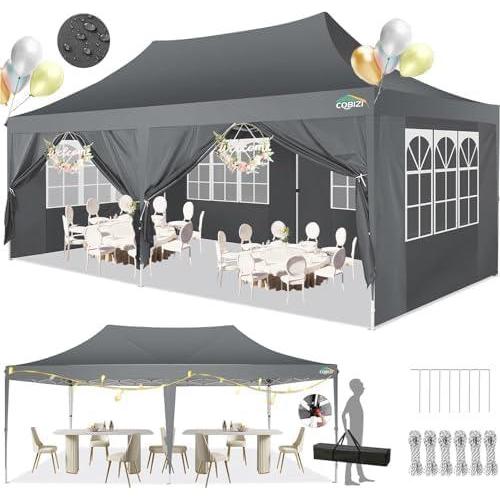 image:imageCOBIZI 10x10 Pop up Gazebo OnePush Setup Canopy Tent with Mosquito Netting amp Vented Roof Design Upgrade Metal Easy up Canopy Carpa Outdoor Gazebos for Backyard Camping Deck BeachWhite amp GrayGray