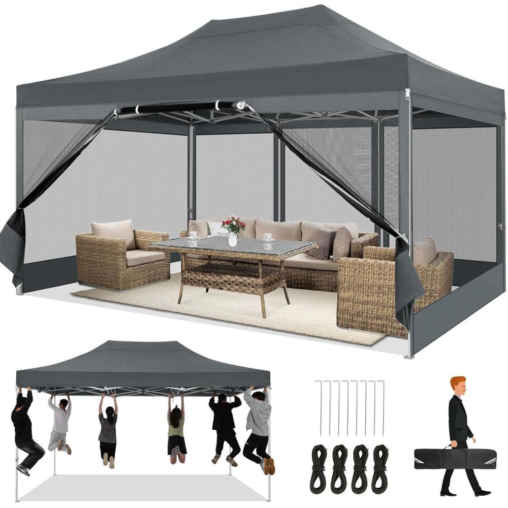 image:imageCOBIZI 10x20 Heavy Duty Pop Up Canopy Tent with 6 Sidewalls Easy Set Up Outdoor Waterproof Screen Commercial Party Tent with Mosquito Netting for Parties Backyard Patio Roller Bag GrayDark grey