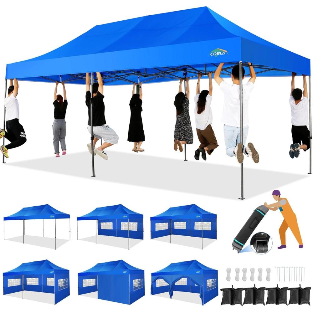 image:imageCOBIZI 10x20 Heavy Duty Pop up Canopy Tent with 6 sidewalls Easy Up Commercial Outdoor Wedding Party Tents for Parties All Season Wind amp Waterproof Gazebo Roller Bag BlueFrame Thickened