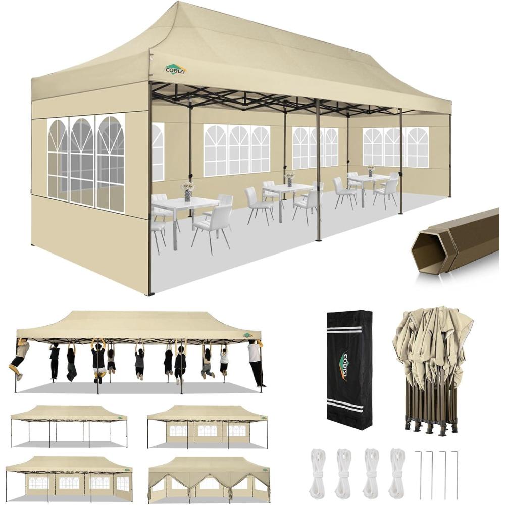 image:imageCOBIZI 10x20 Pop Up Canopy Heavy Duty with 6 Removable Sidewalls Commercial Heavy Duty Pop Up Tent for Parties All Weather Waterproof and UV 50 Wedding Tent with Roller BagFrame UpgradedLight Khaki