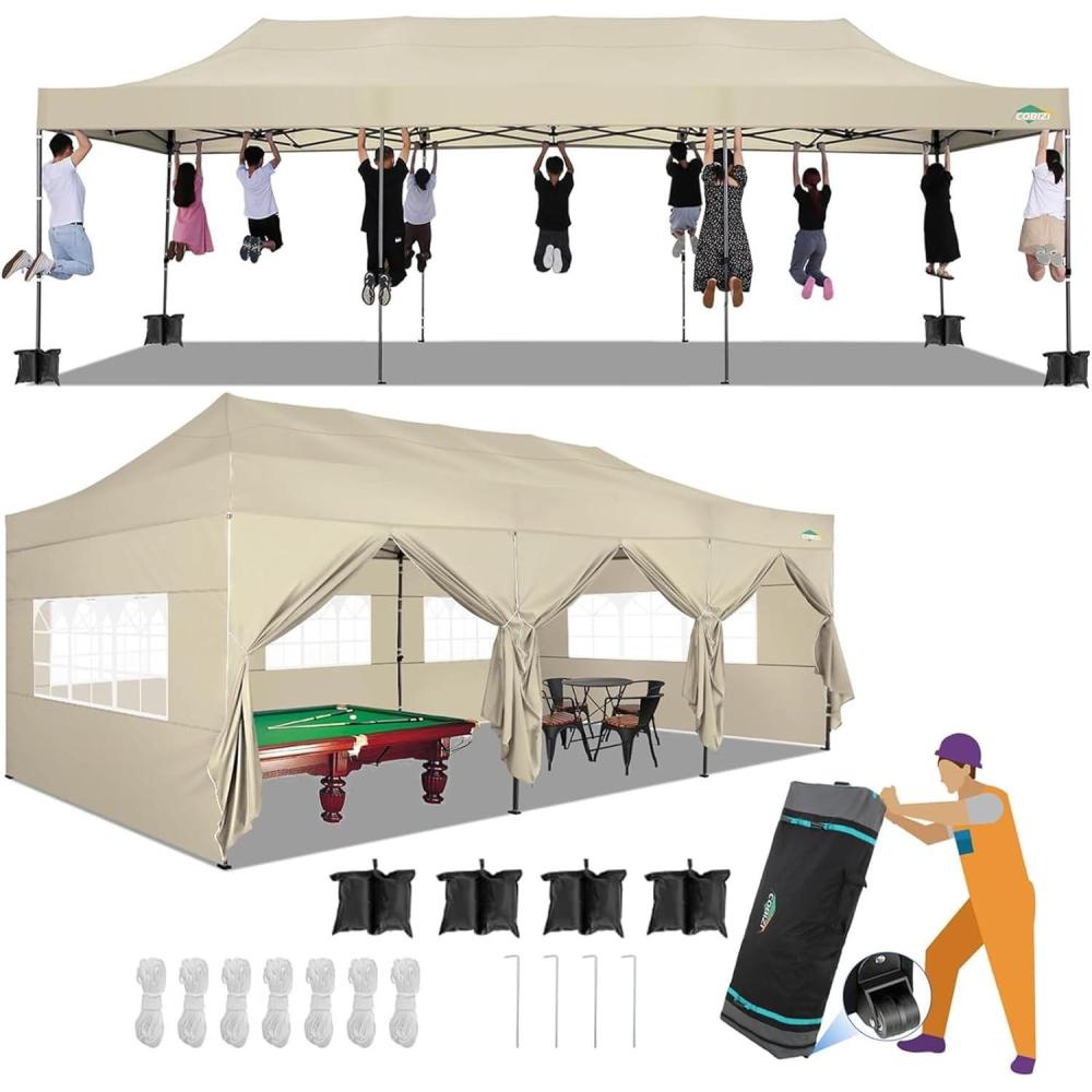 image:imageCOBIZI 10x30 Pop up Canopy Tent 10x30 Canopy with Sidewalls Heavy Duty Party Tent Tents for Parties Foldable UPF 50 Waterproof Commercial Easy up Canopy with Roller Bag BlackWindproof UpgradedBeige