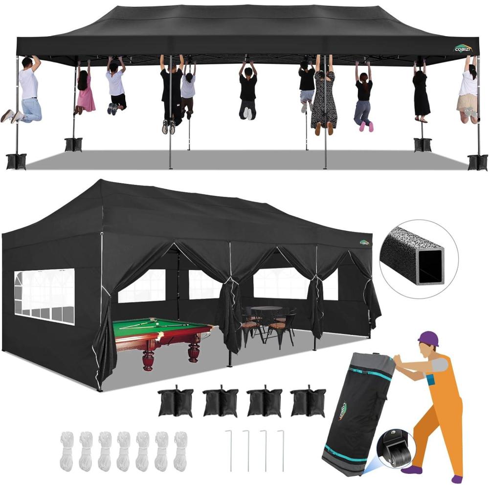 image:imageCOBIZI 10x30 Pop up Canopy Tent 10x30 Canopy with Sidewalls Heavy Duty Party Tent Tents for Parties Foldable UPF 50 Waterproof Commercial Easy up Canopy with Roller Bag BlackWindproof UpgradedCoffee Black