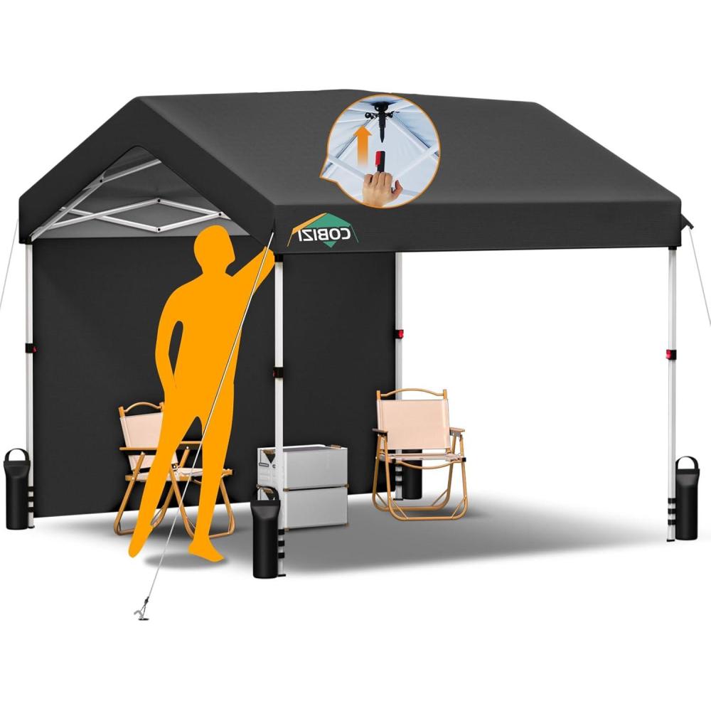 image:imageCOBIZI Canopy Tent 10x10 Pop Up Canopy with One Button Push Center Lock Portable Carport with 1 sidewall 10x10 Carport Canopy for Parties Commercial Events Waterproof UPF 50 Black