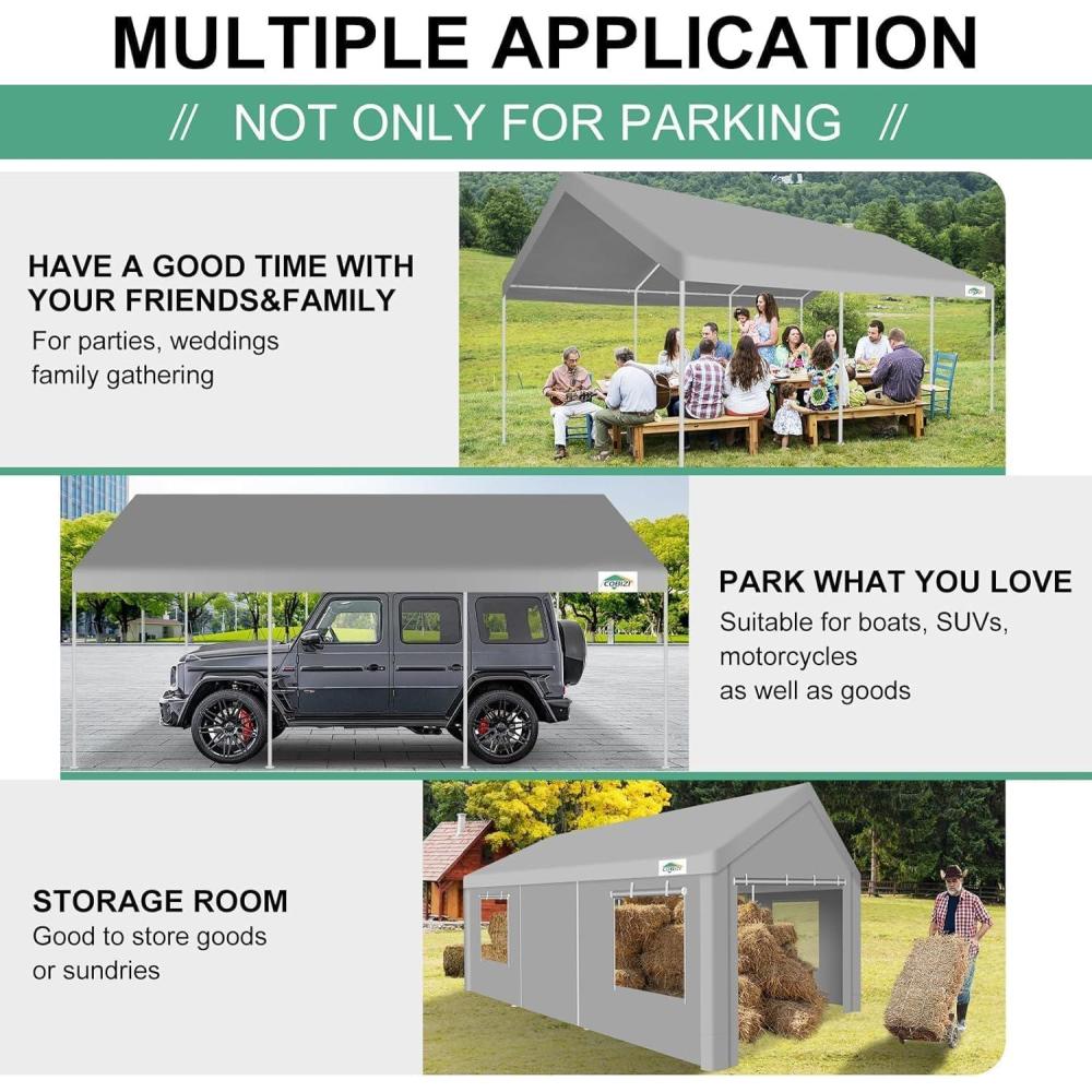 image:imageCOBIZI Carport 12x20ft Heavy Duty Portable Garage 20 Powder Coated FrameBetter Than Galvanized Waterproof Shelter with Removable Sidewalls amp Windows Builtin Sandbags for CarBoatSUV Gray