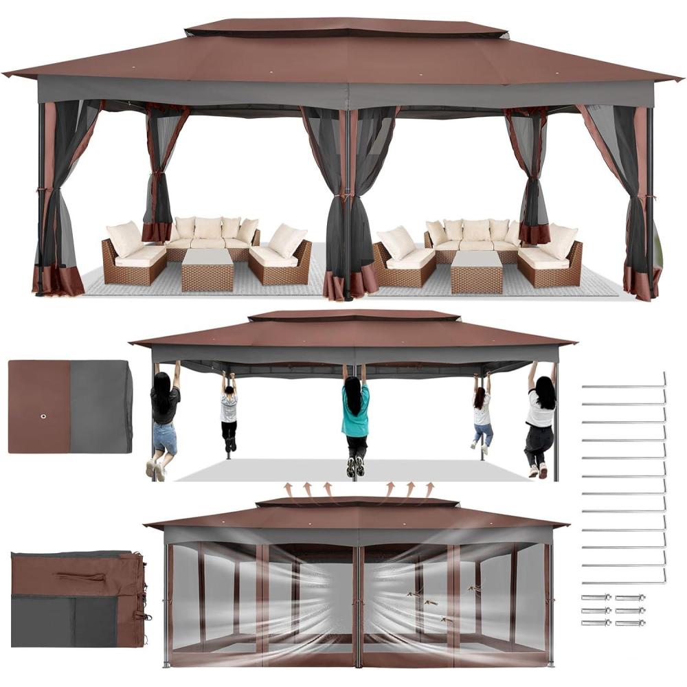 image:imageCOBIZI Gazebo 12x20 Heavy Duty Gazebo with Curtain and Netting Outdoor Gazebo Double Roof Patio Gazebo with Metal Steel Frame Gazebo Tent for Patio Deck Backyard Brown Flat Top Nettings