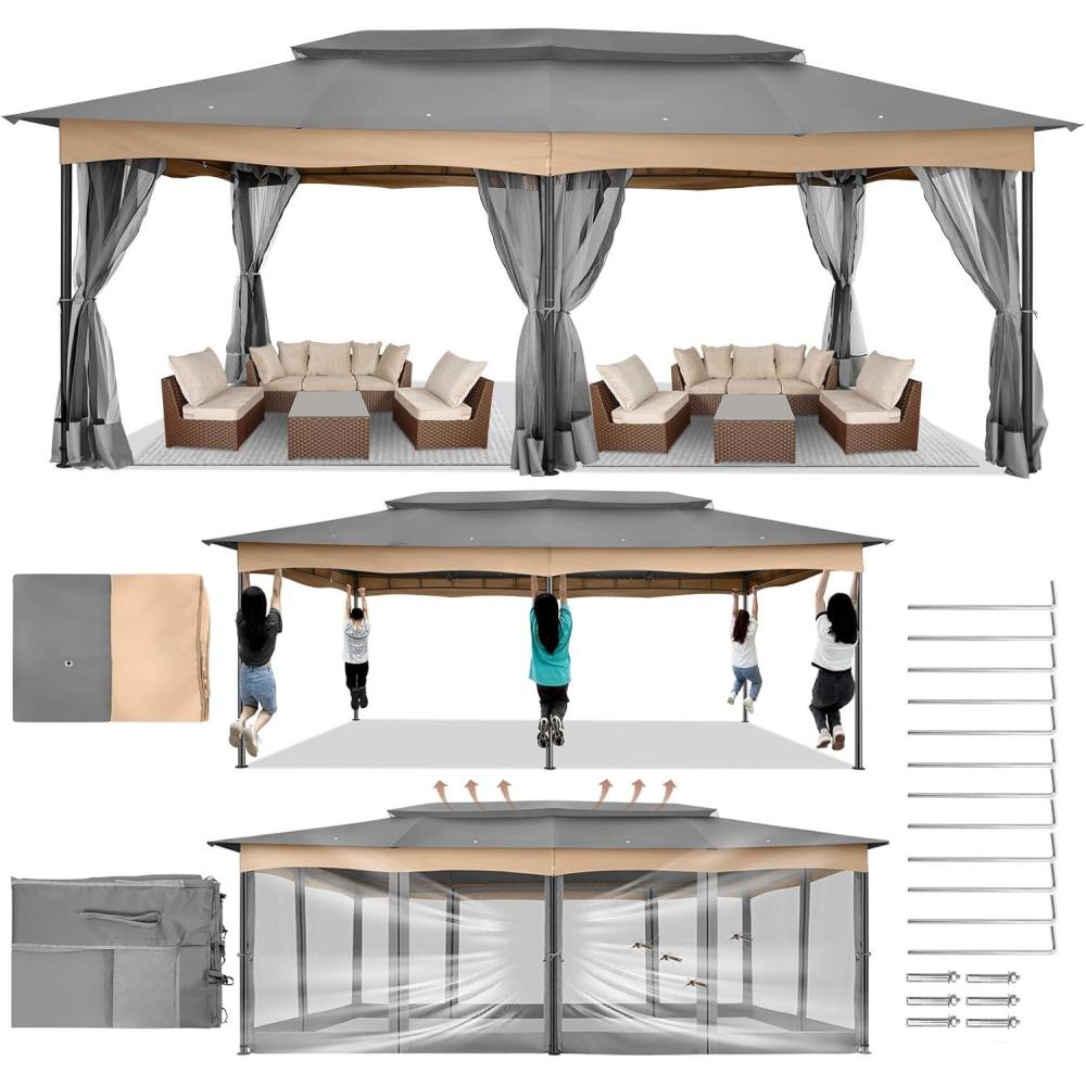 image:imageCOBIZI Gazebo 12x20 Heavy Duty Gazebo with Curtain and Netting Outdoor Gazebo Double Roof Patio Gazebo with Metal Steel Frame Gazebo Tent for Patio Deck Backyard Grey Flat Top Netting