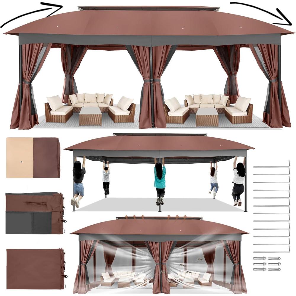 image:imageCOBIZI Gazebo 12x20 Heavy Duty Gazebo with Curtain and Netting Outdoor Gazebo Double Roof Patio Gazebo with Metal Steel Frame Gazebo Tent for Patio Deck Backyard Brown Arc Top Curtain amp Netting