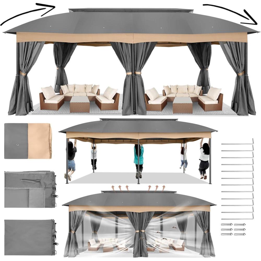 image:imageCOBIZI Gazebo 12x20 Heavy Duty Gazebo with Curtain and Netting Outdoor Gazebo Double Roof Patio Gazebo with Metal Steel Frame Gazebo Tent for Patio Deck Backyard Grey Arc Top Curtain amp Netting