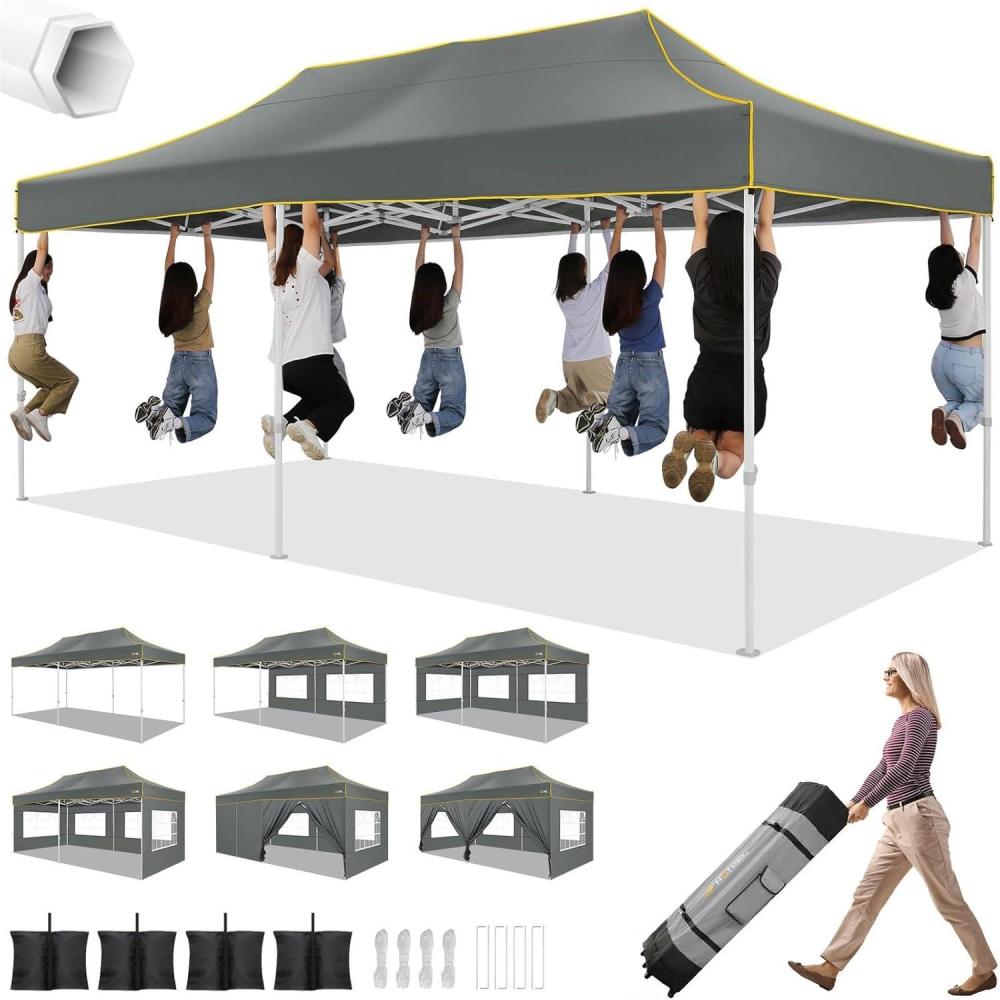 image:imageHOTEEL 10x15 Heavy Duty Pop up Canopy Tent for Parties with 4 Sidewalls Easy Setup Outdoor Commercial Instant Gazebo for Wedding Event with Roller Bag amp Sand Bags BlackHexagonal FrameDark Gray