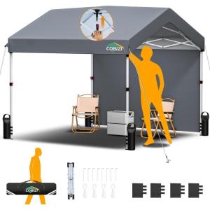 image:imageCOBIZI 10x10 Pop Up Canopy with One Button Push Center Lock Portable Carport with 1 sidewall 10x10 Carport for Parties Commercial Events Waterproof UPF 50 Grey