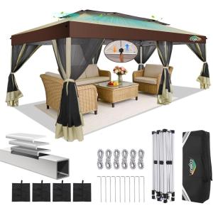 image:imageCOBIZI 10x10 Pop up Gazebo OnePush Setup Canopy Tent with Mosquito Netting amp Vented Roof Design Upgrade Metal Easy up Canopy Carpa Outdoor Gazebos for Backyard Camping Deck BeachWhite amp GrayKhaki  Brown