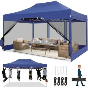 image:imageCOBIZI 10x20 Heavy Duty Pop Up Canopy Tent with 6 Sidewalls Easy Set Up Outdoor Waterproof Screen Commercial Party Tent with Mosquito Netting for Parties Backyard Patio Roller Bag GrayDark Blue