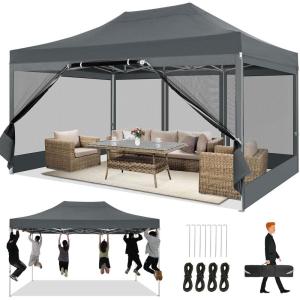 image:imageCOBIZI 10x20 Heavy Duty Pop Up Canopy Tent with 6 Sidewalls Easy Set Up Outdoor Waterproof Screen Commercial Party Tent with Mosquito Netting for Parties Backyard Patio Roller Bag GrayDark grey