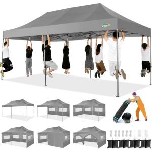 image:imageCOBIZI 10x20 Heavy Duty Pop up Canopy Tent with 6 sidewalls Easy Up Commercial Outdoor Canopy Wedding Party Tents for Parties All Season Wind amp Waterproof Gazebo with Roller BagGreyFrame ThickenedLight Grey