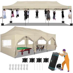 image:imageCOBIZI 10x30 Pop up Canopy Tent 10x30 Canopy with Sidewalls Heavy Duty Party Tent Tents for Parties Foldable UPF 50 Waterproof Commercial Easy up Canopy with Roller Bag BlackWindproof UpgradedBeige