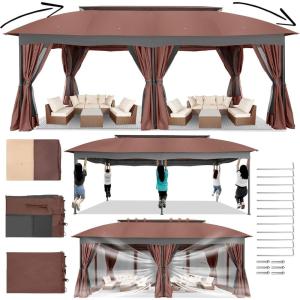 image:imageCOBIZI Gazebo 12x20 Heavy Duty Gazebo with Curtain and Netting Outdoor Gazebo Double Roof Patio Gazebo with Metal Steel Frame Gazebo Tent for Patio Deck Backyard Brown Arc Top Curtain amp Netting