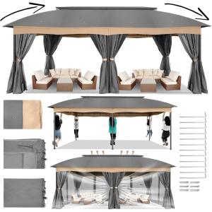 image:imageCOBIZI Gazebo 12x20 Heavy Duty Gazebo with Curtain and Netting Outdoor Gazebo Double Roof Patio Gazebo with Metal Steel Frame Gazebo Tent for Patio Deck Backyard Grey Arc Top Curtain amp Netting