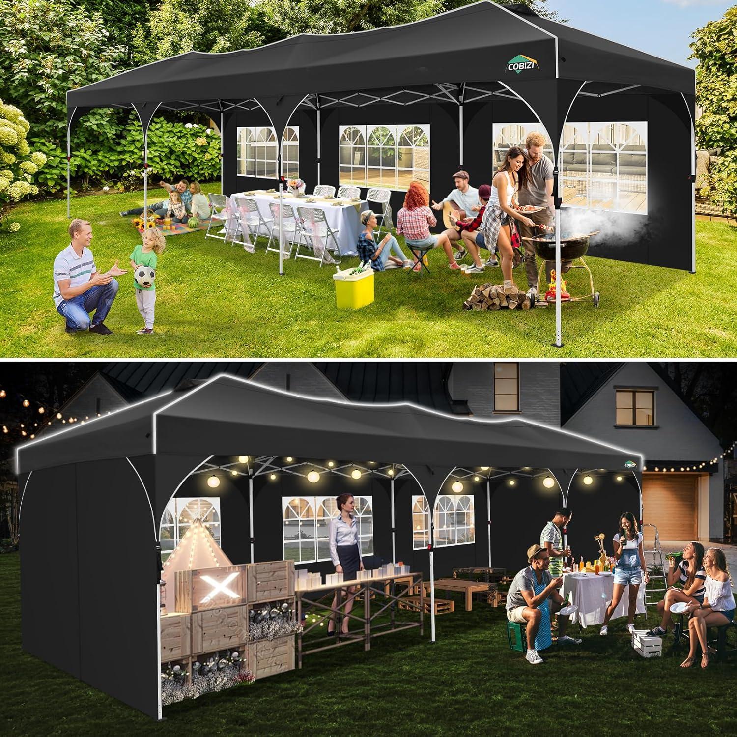 image:imageCOBIZI 10x10 Pop Up Canopy Tent Outdoor Party Tent with 3 Sidewalls 1 Person Easy Set up Tents for Parties with Fluorescent Strip amp 4 Sandbags Waterproof UPF50 3 Adjustable Height BlackBlack