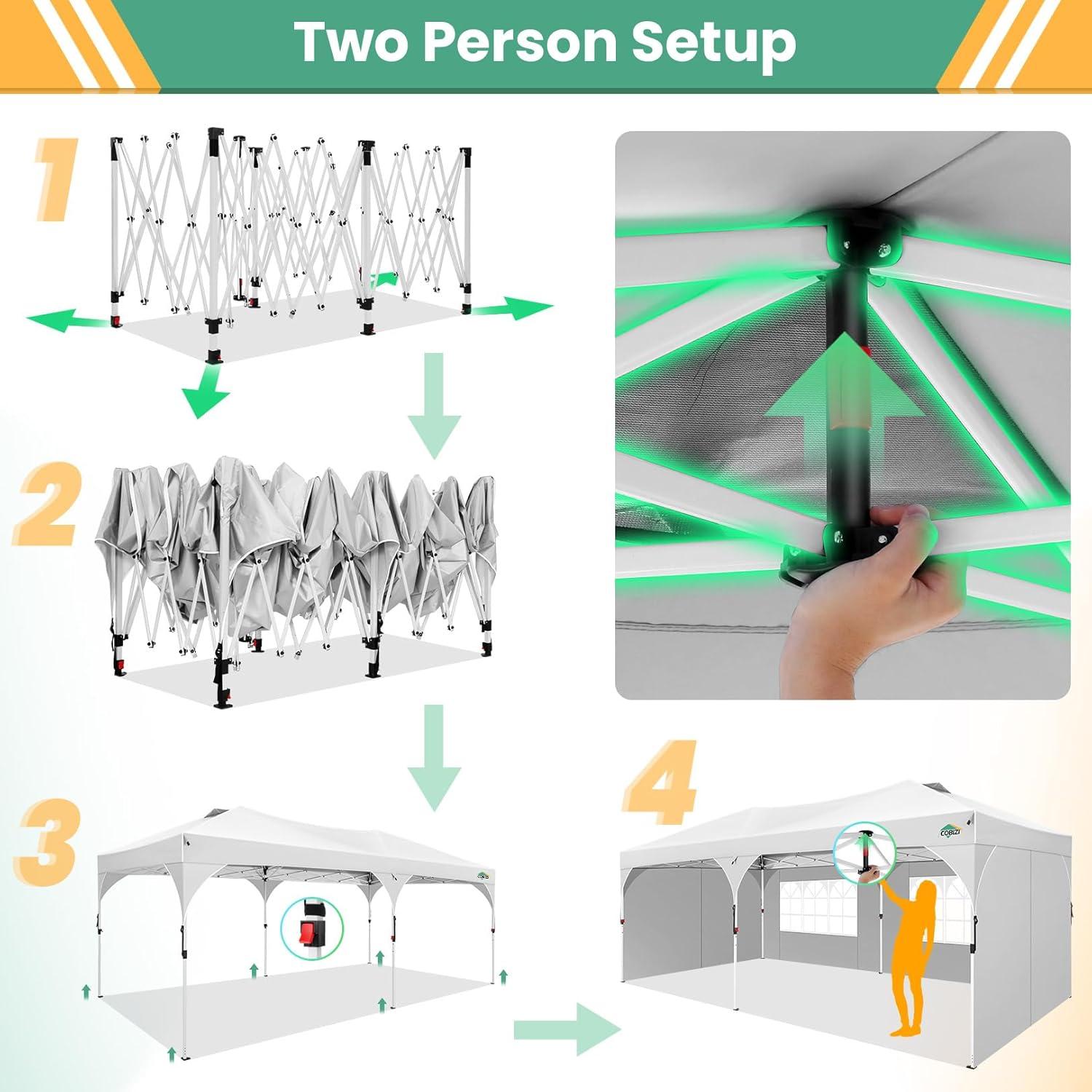 image:imageCOBIZI 10x10 Pop Up Canopy Tent Outdoor Party Tent with 3 Sidewalls 1 Person Easy Set up Tents for Parties with Fluorescent Strip amp 4 Sandbags Waterproof UPF50 3 Adjustable Height BlackWhite