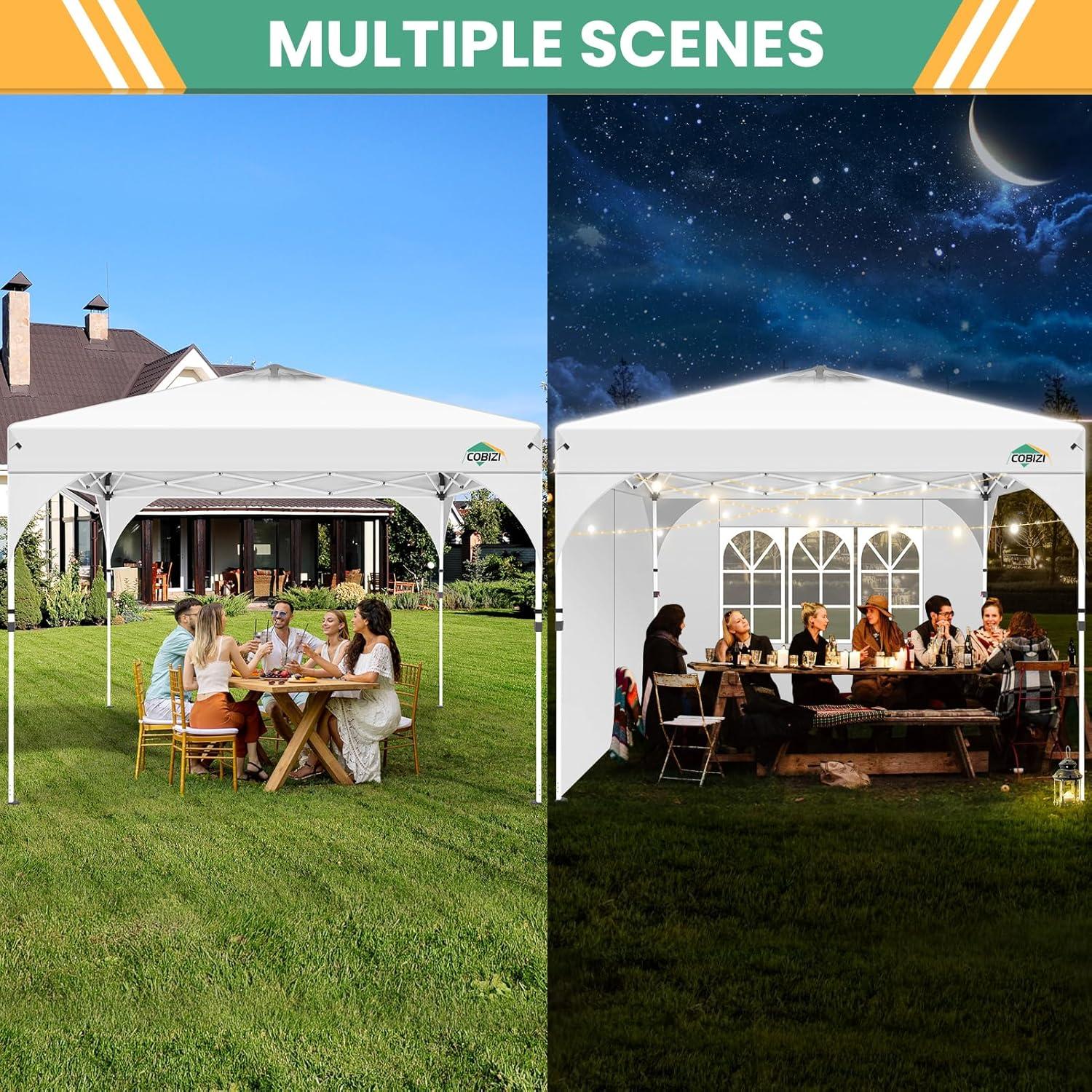 image:imageCOBIZI 10x10 Pop Up Canopy Tent Outdoor Party Tent with 3 Sidewalls 1 Person Easy Set up Tents for Parties with Fluorescent Strip amp 4 Sandbags Waterproof UPF50 3 Adjustable Height BlackWhite