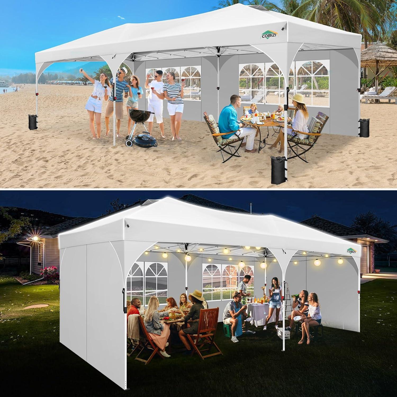 image:imageCOBIZI 10x10 Pop Up Canopy Tent Outdoor Party Tent with 3 Sidewalls 1 Person Easy Set up Tents for Parties with Fluorescent Strip amp 4 Sandbags Waterproof UPF50 3 Adjustable Height BlackWhite
