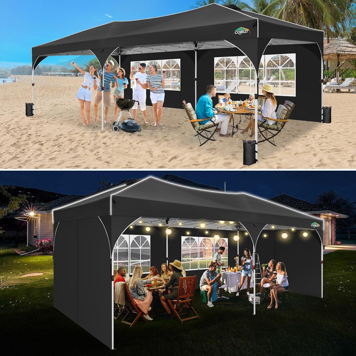 image:imageCOBIZI 10x10 Pop Up Canopy Tent Outdoor Party Tent with 3 Sidewalls 1 Person Easy Set up Tents for Parties with Fluorescent Strip amp 4 Sandbags Waterproof UPF50 3 Adjustable Height BlackBlack