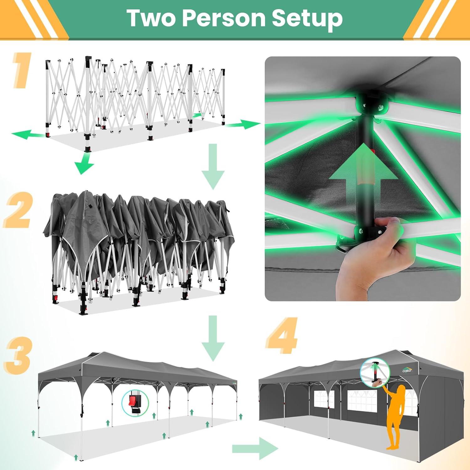 image:imageCOBIZI 10x10 Pop Up Canopy Tent Outdoor Party Tent with 3 Sidewalls 1 Person Easy Set up Tents for Parties with Fluorescent Strip amp 4 Sandbags Waterproof UPF50 3 Adjustable Height BlackGray