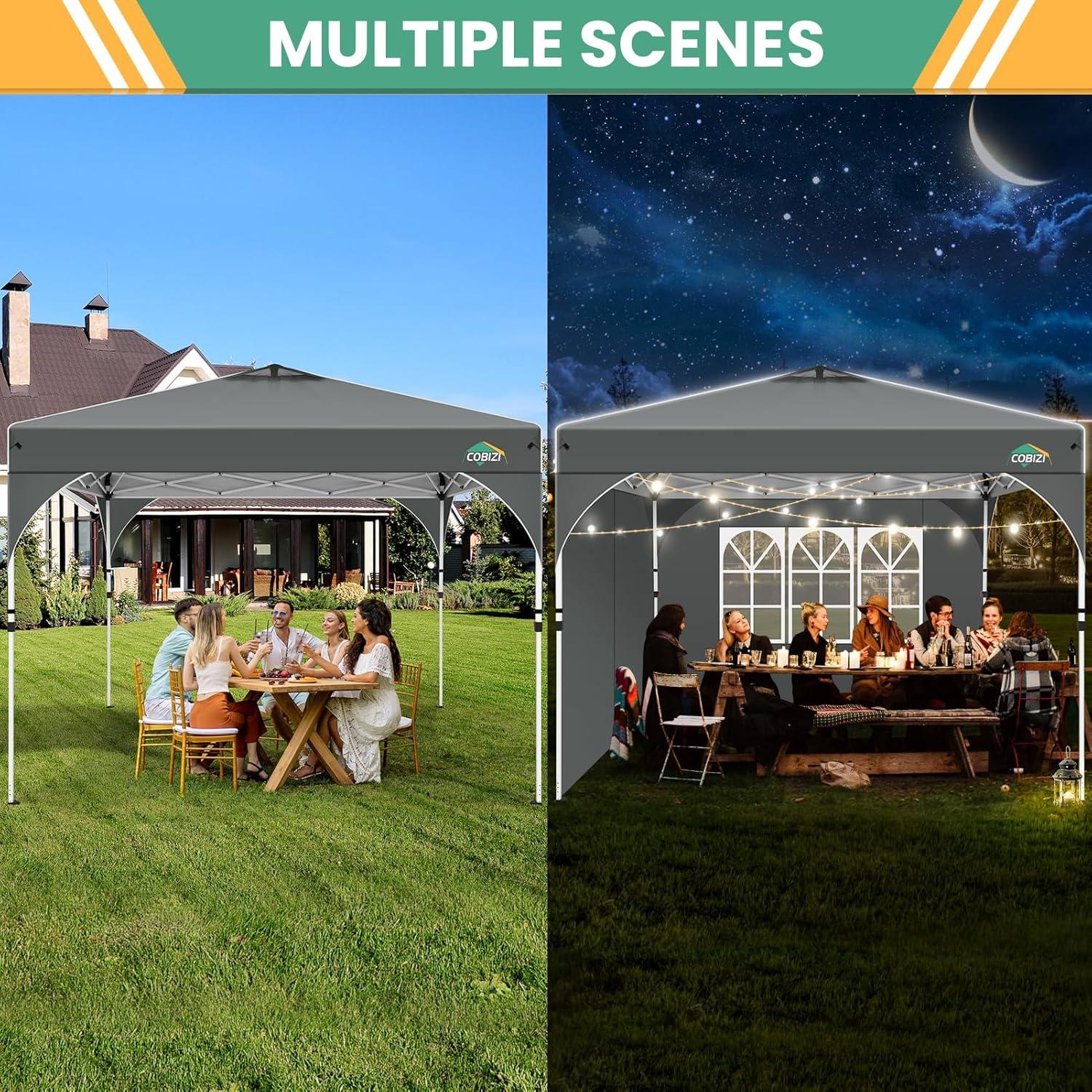 image:imageCOBIZI 10x10 Pop Up Canopy Tent Outdoor Party Tent with 3 Sidewalls 1 Person Easy Set up Tents for Parties with Fluorescent Strip amp 4 Sandbags Waterproof UPF50 3 Adjustable Height BlackGray
