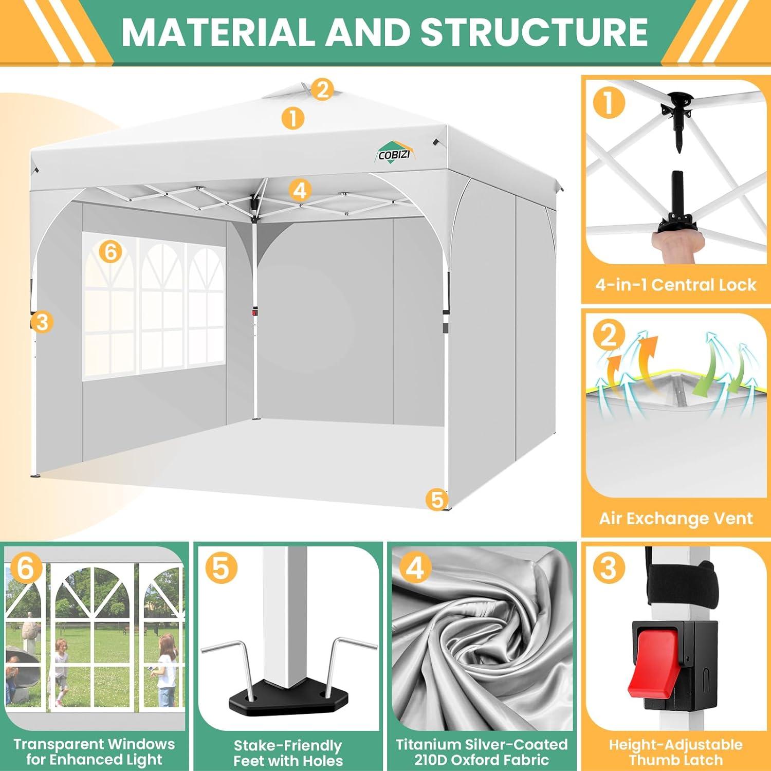 image:imageCOBIZI 10x10 Pop Up Canopy Tent Outdoor Party Tent with 3 Sidewalls 1 Person Easy Set up Tents for Parties with Fluorescent Strip amp 4 Sandbags Waterproof UPF50 3 Adjustable Height BlackWhite