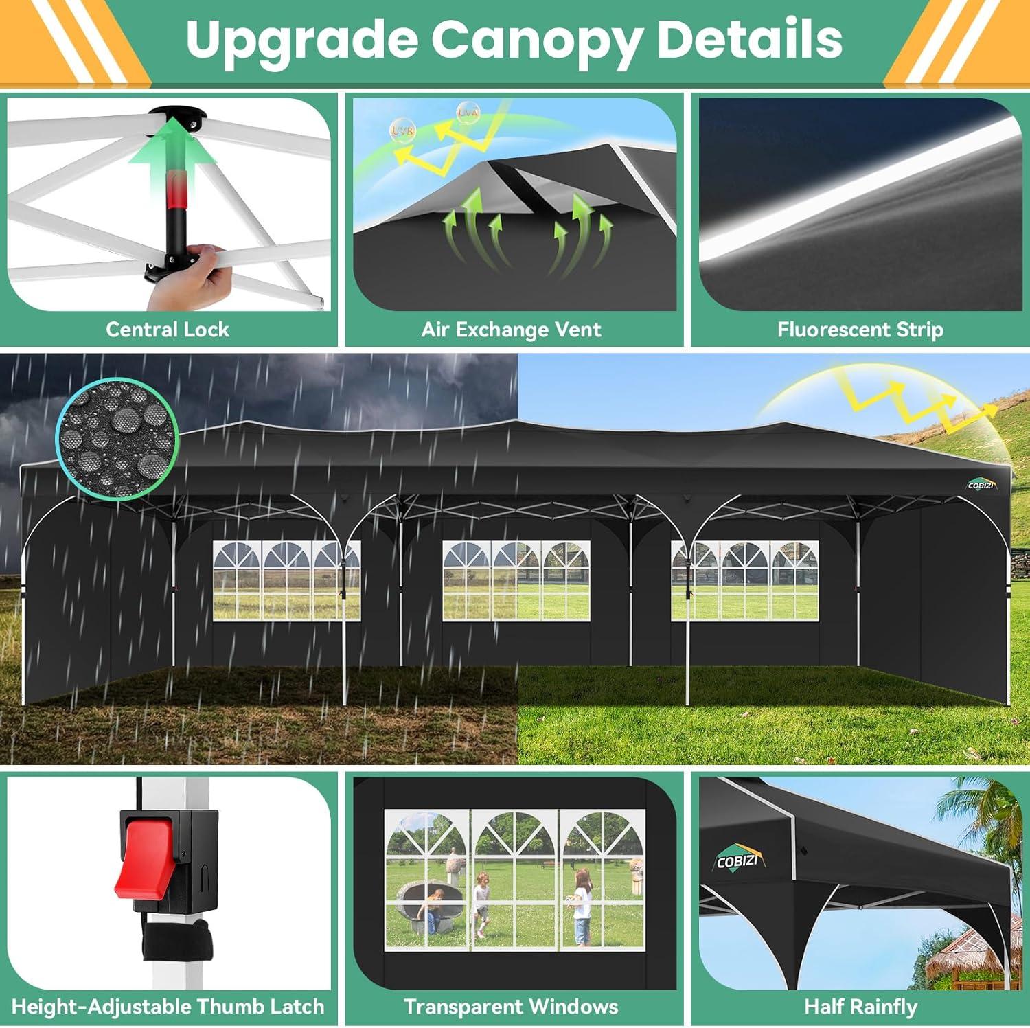 image:imageCOBIZI 10x10 Pop Up Canopy Tent Outdoor Party Tent with 3 Sidewalls 1 Person Easy Set up Tents for Parties with Fluorescent Strip amp 4 Sandbags Waterproof UPF50 3 Adjustable Height BlackBlack