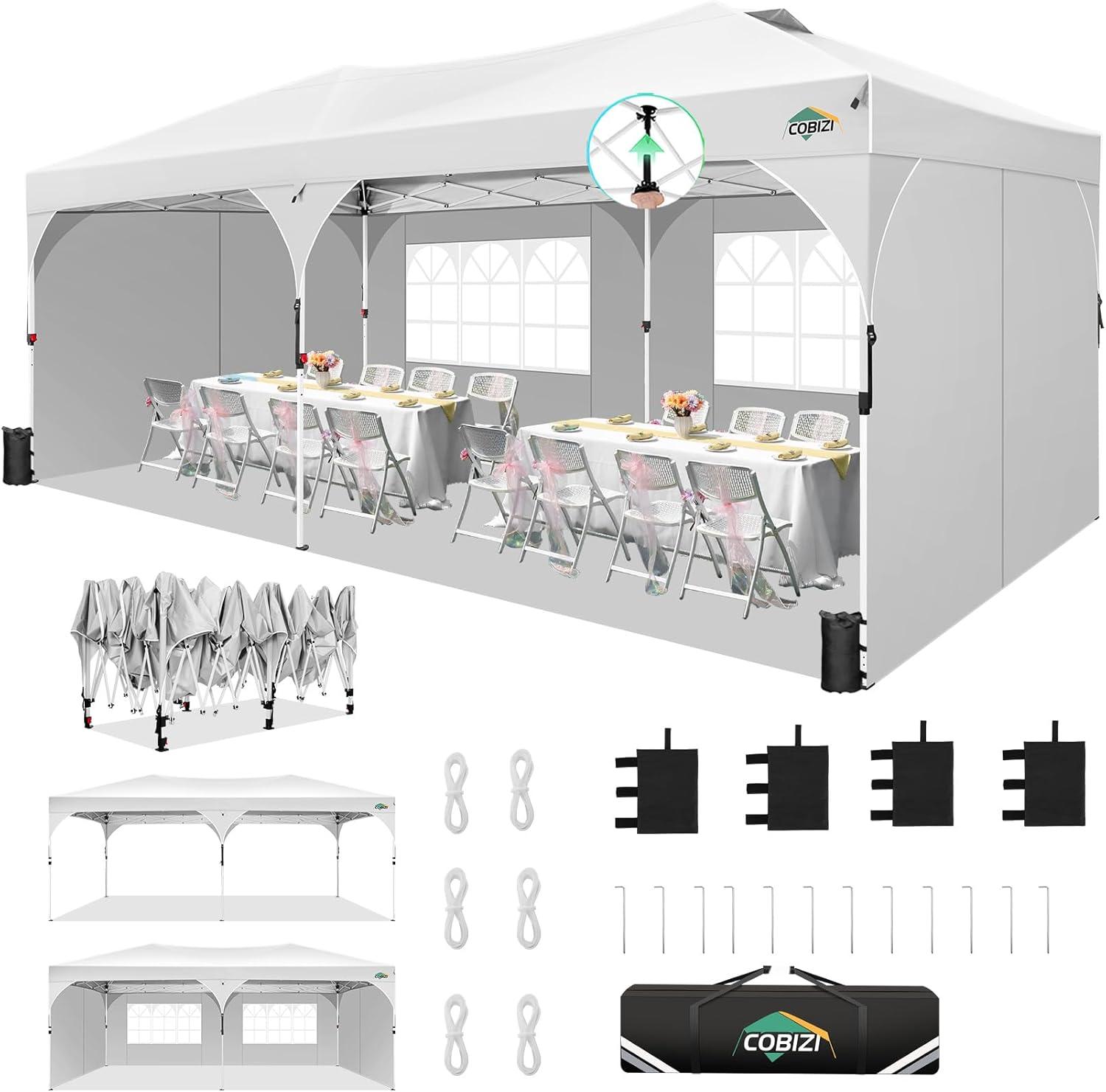 image:imageCOBIZI 10x10 Pop Up Canopy Tent Outdoor Party Tent with 3 Sidewalls 1 Person Easy Set up Tents for Parties with Fluorescent Strip amp 4 Sandbags Waterproof UPF50 3 Adjustable Height BlackWhite