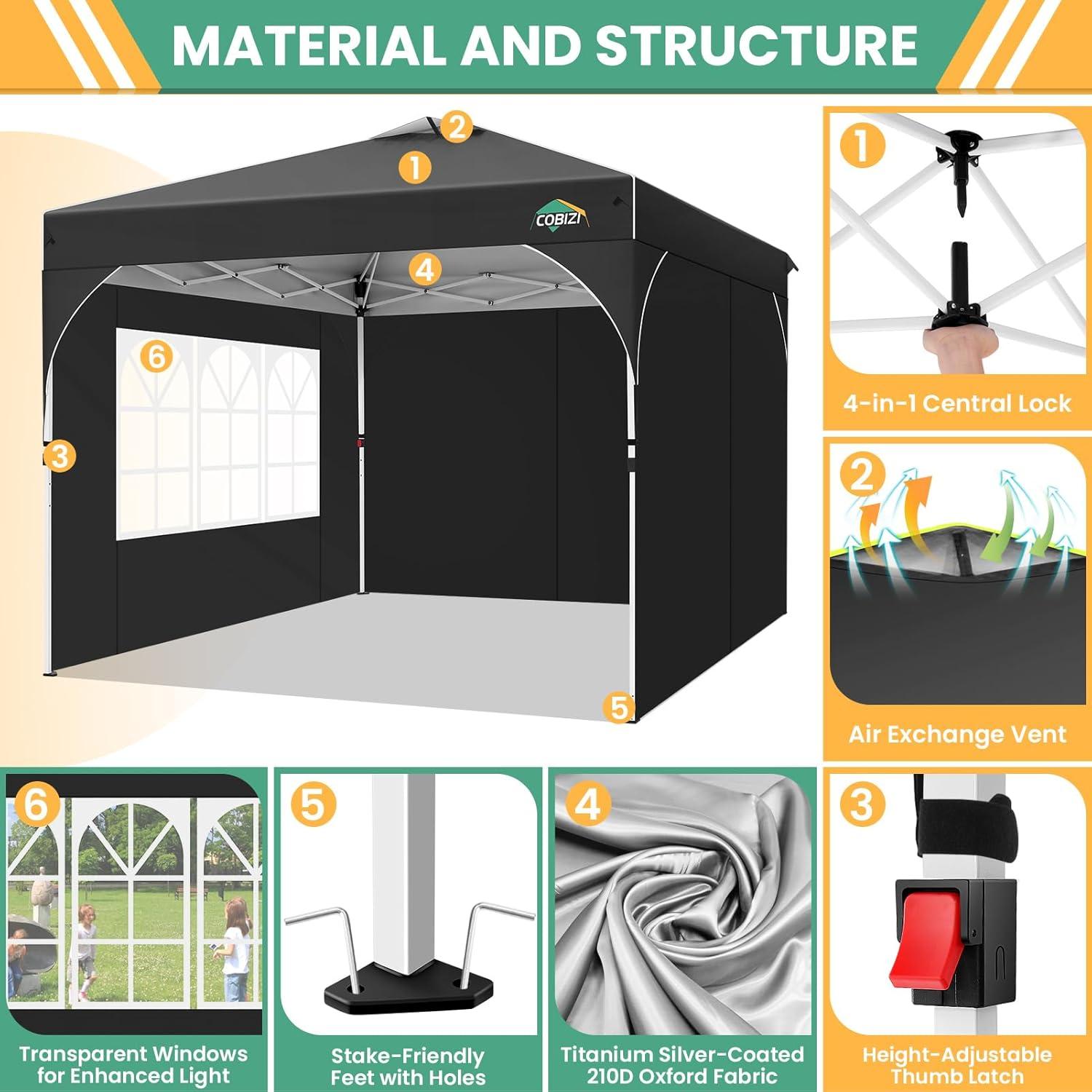 image:imageCOBIZI 10x10 Pop Up Canopy Tent Outdoor Party Tent with 3 Sidewalls 1 Person Easy Set up Tents for Parties with Fluorescent Strip amp 4 Sandbags Waterproof UPF50 3 Adjustable Height BlackBlack