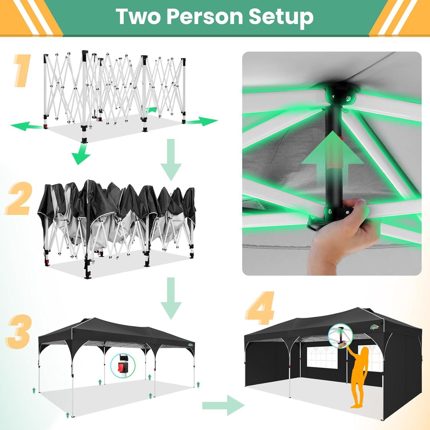 image:imageCOBIZI 10x10 Pop Up Canopy Tent Outdoor Party Tent with 3 Sidewalls 1 Person Easy Set up Tents for Parties with Fluorescent Strip amp 4 Sandbags Waterproof UPF50 3 Adjustable Height BlackBlack