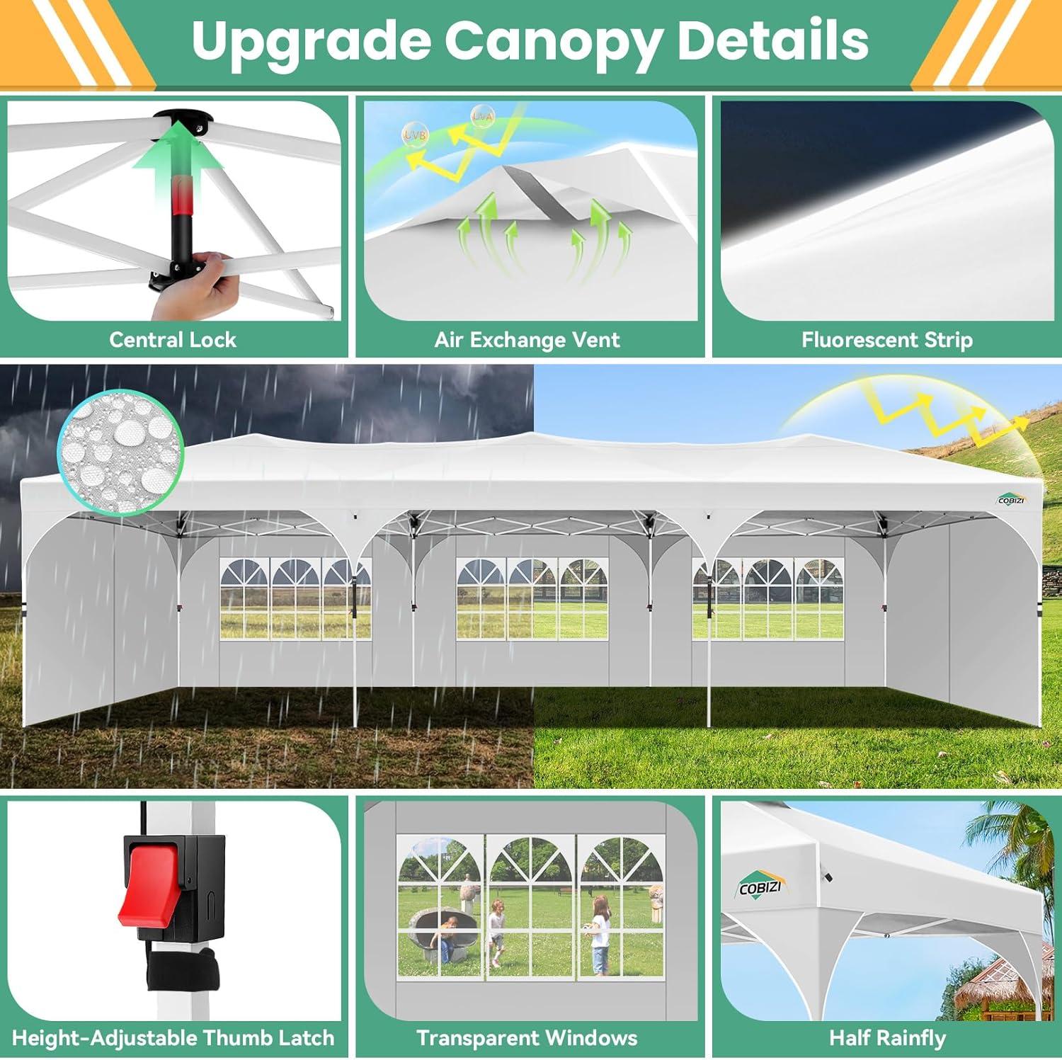 image:imageCOBIZI 10x10 Pop Up Canopy Tent Outdoor Party Tent with 3 Sidewalls 1 Person Easy Set up Tents for Parties with Fluorescent Strip amp 4 Sandbags Waterproof UPF50 3 Adjustable Height BlackWhite