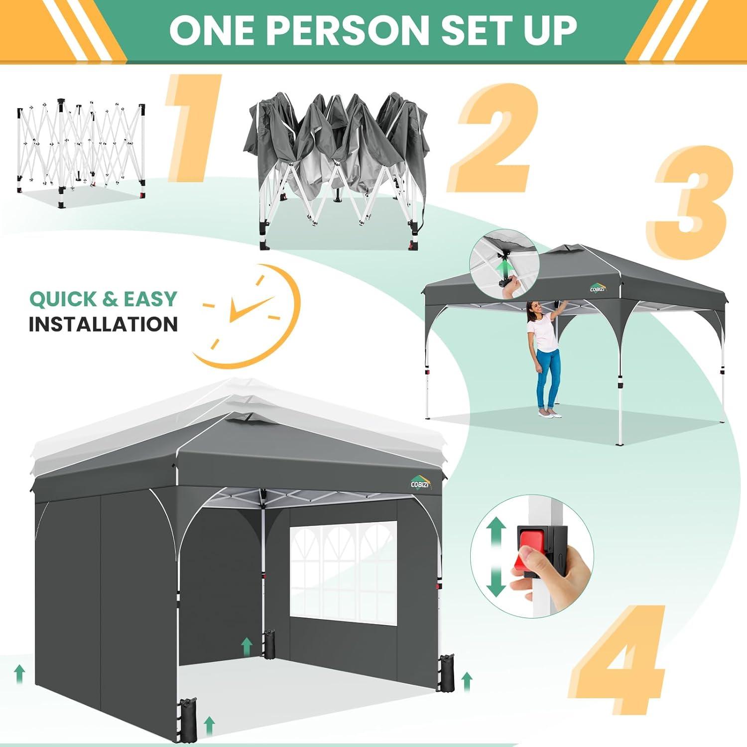 image:imageCOBIZI 10x10 Pop Up Canopy Tent Outdoor Party Tent with 3 Sidewalls 1 Person Easy Set up Tents for Parties with Fluorescent Strip amp 4 Sandbags Waterproof UPF50 3 Adjustable Height BlackGray