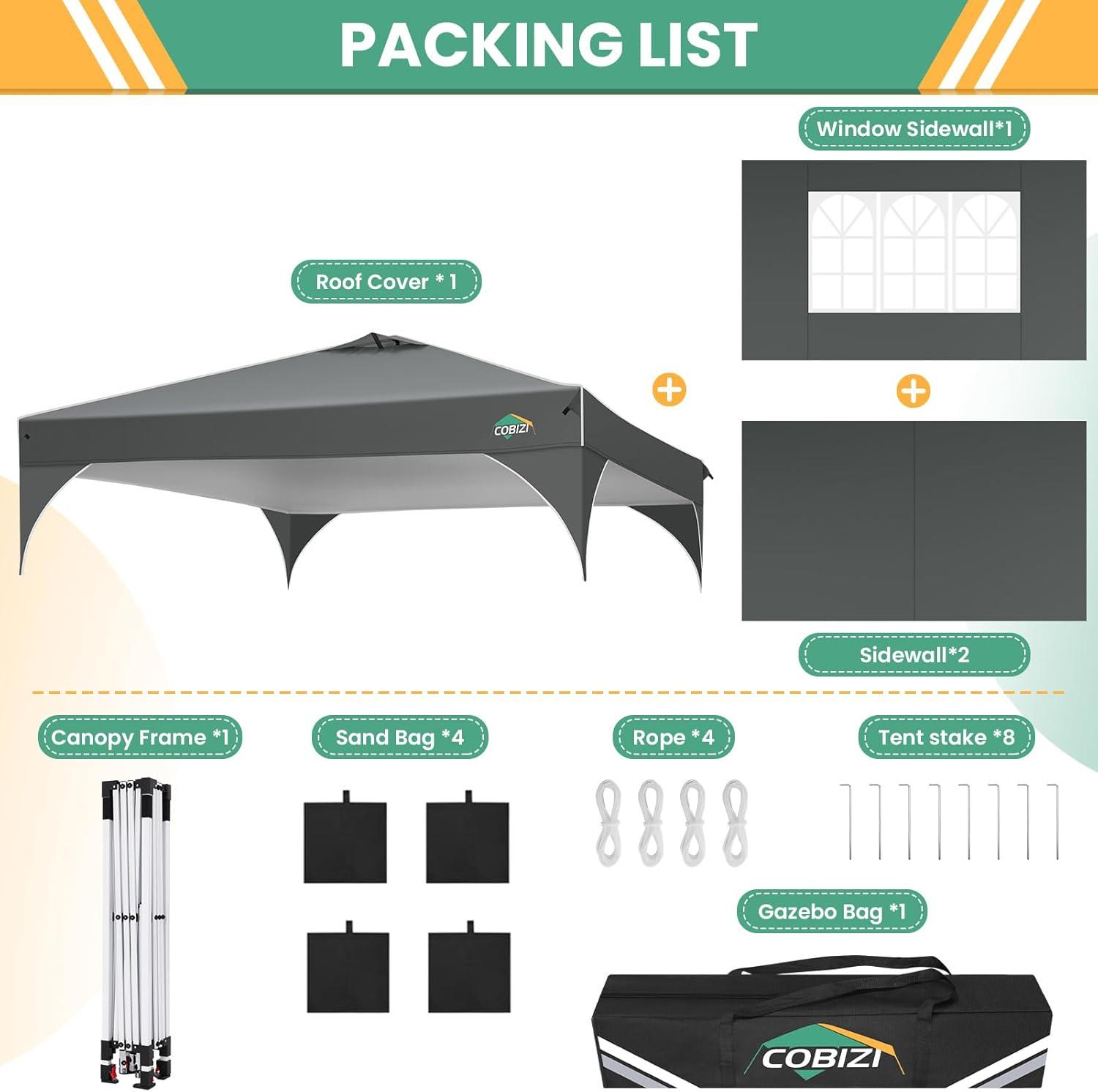 image:imageCOBIZI 10x10 Pop Up Canopy Tent Outdoor Party Tent with 3 Sidewalls 1 Person Easy Set up Tents for Parties with Fluorescent Strip amp 4 Sandbags Waterproof UPF50 3 Adjustable Height BlackGray