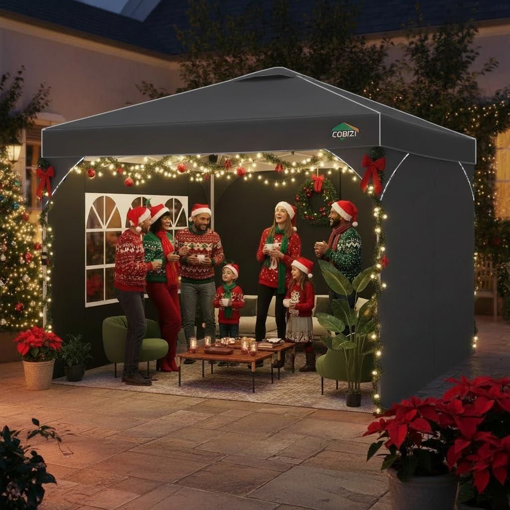 image:imageCOBIZI 10x10 Pop Up Canopy Tent Outdoor Party Tent with 3 Sidewalls 1 Person Easy Set up Tents for Parties with Fluorescent Strip amp 4 Sandbags Waterproof UPF50 3 Adjustable Height BlackGray