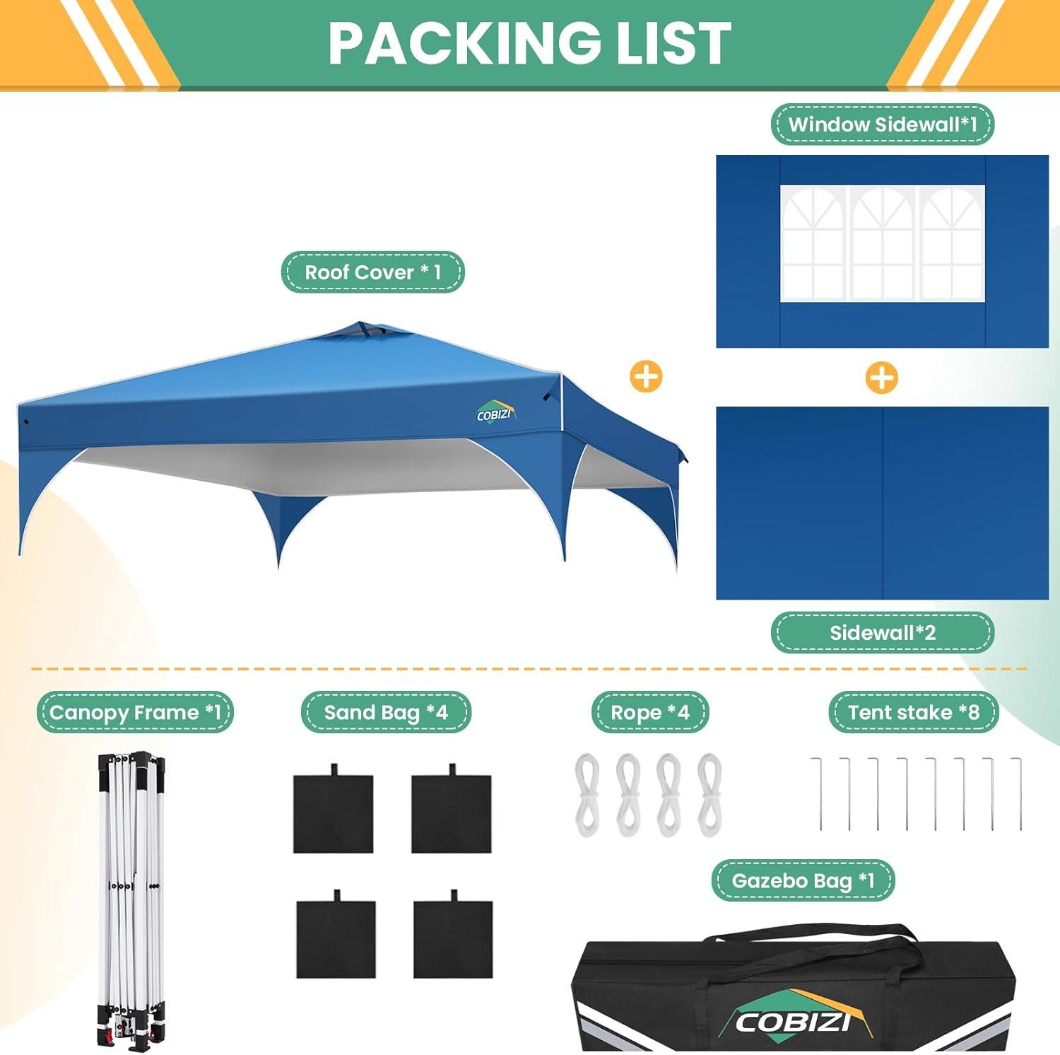 image:imageCOBIZI 10x10 Pop Up Canopy Tent Outdoor Party Tent with 3 Sidewalls 1 Person Easy Set up Tents for Parties with Fluorescent Strip amp 4 Sandbags Waterproof UPF50 3 Adjustable Height BlackBlue