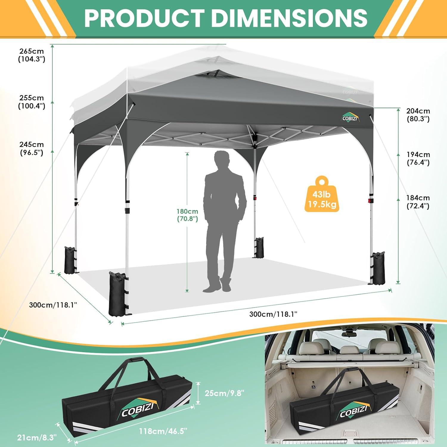 image:imageCOBIZI 10x10 Pop Up Canopy Tent Outdoor Party Tent with 3 Sidewalls 1 Person Easy Set up Tents for Parties with Fluorescent Strip amp 4 Sandbags Waterproof UPF50 3 Adjustable Height BlackGray