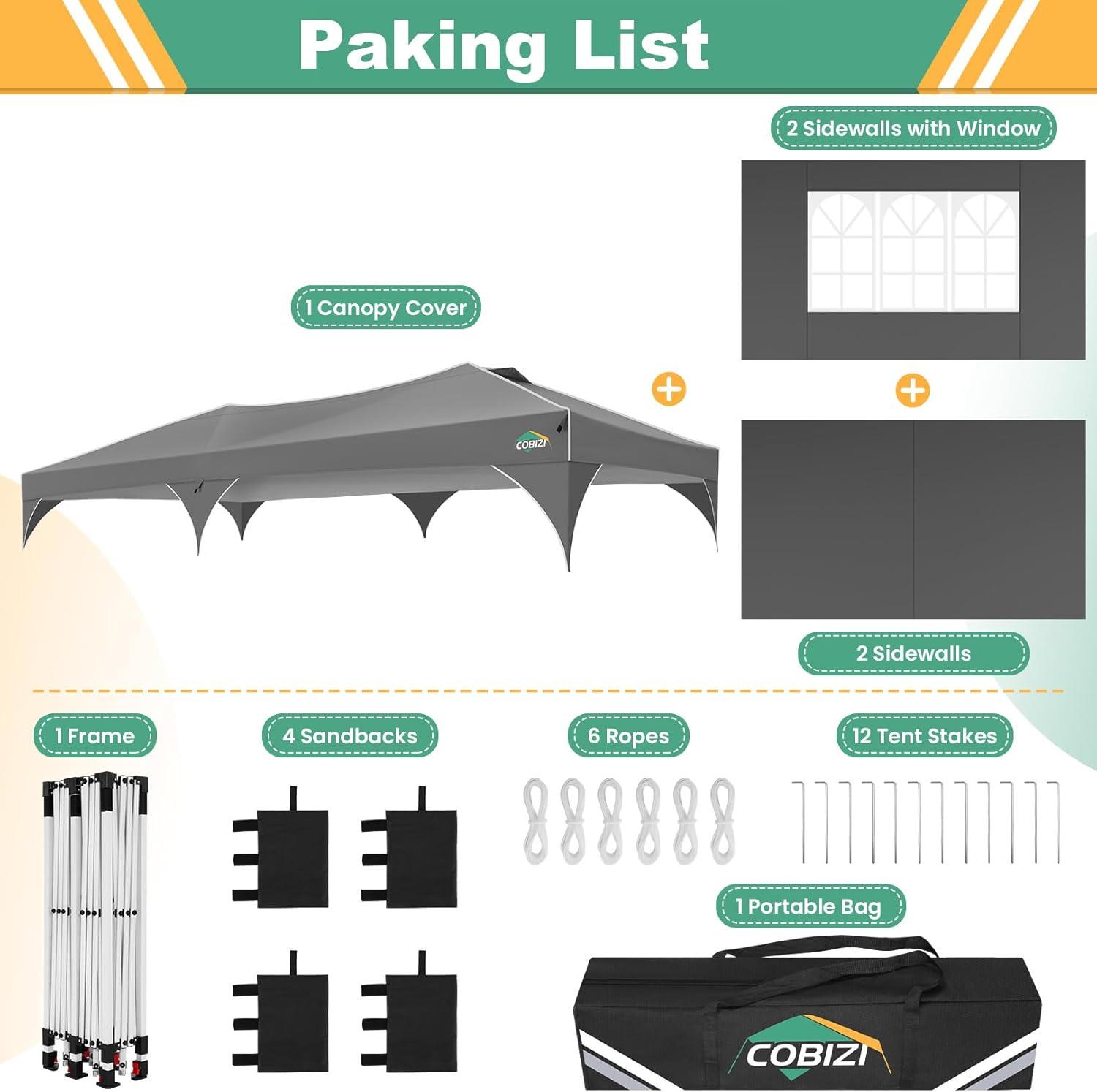 image:imageCOBIZI 10x10 Pop Up Canopy Tent Outdoor Party Tent with 3 Sidewalls 1 Person Easy Set up Tents for Parties with Fluorescent Strip amp 4 Sandbags Waterproof UPF50 3 Adjustable Height BlackGray