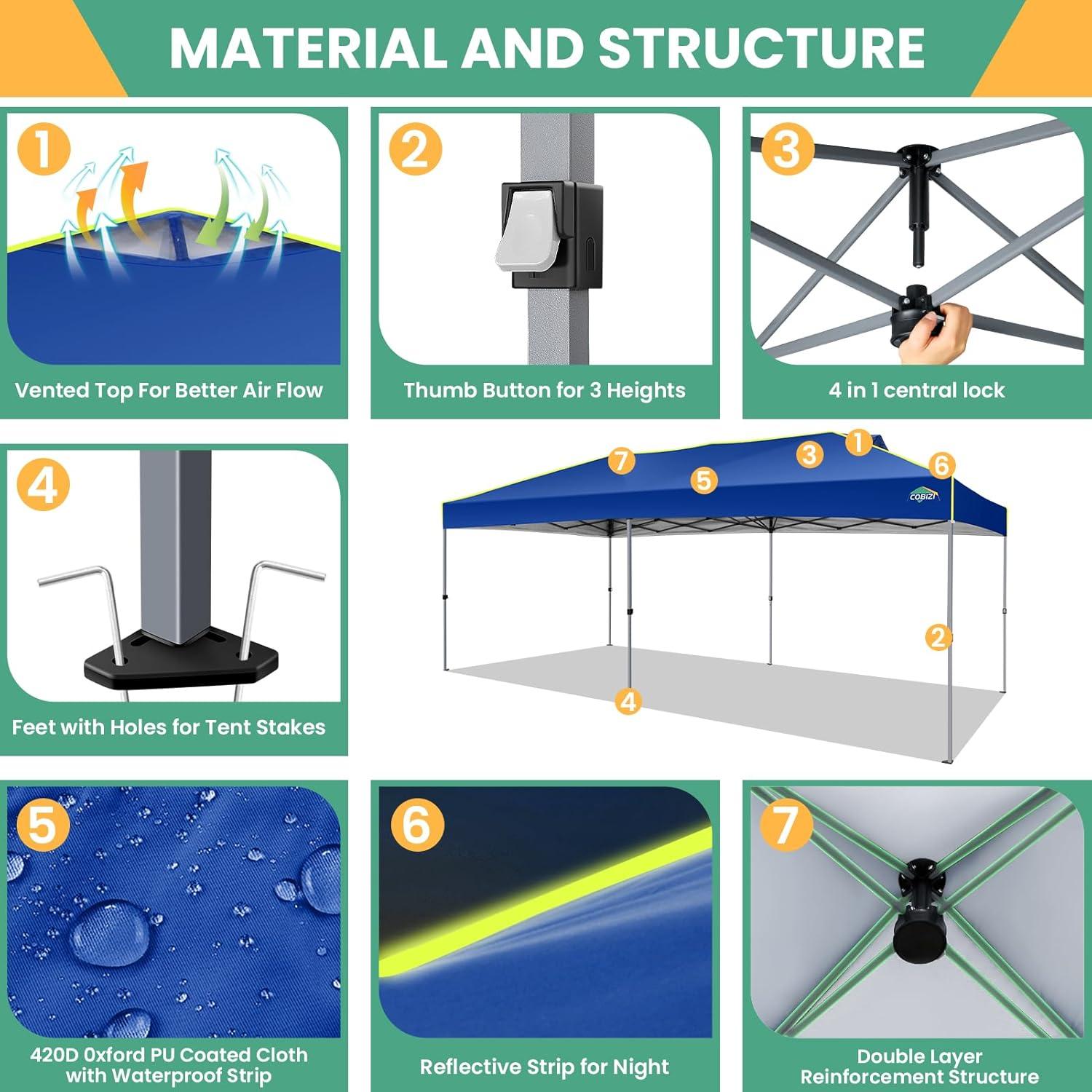 image:imageCOBIZI 10x10 Pop Up Canopy Tent Outdoor Party Tent with 4 Sidewall One Push Setup Glow 3 Adjustable Height Air Vent Waterproof UPF50 Bag 4 Sandbag 8 Stake 4 Rope for Beach CommercialNavy Blue