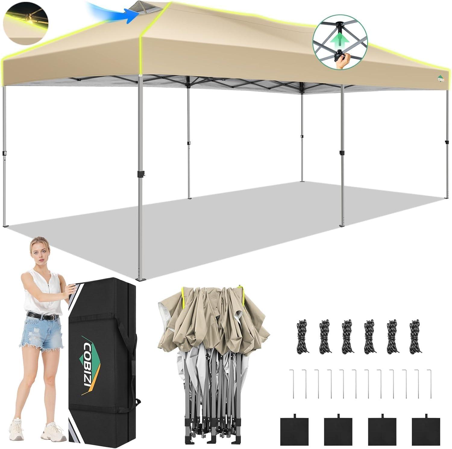 image:imageCOBIZI 10x10 Pop Up Canopy Tent Outdoor Party Tent with 4 Sidewall One Push Setup Glow 3 Adjustable Height Air Vent Waterproof UPF50 Bag 4 Sandbag 8 Stake 4 Rope for Beach CommercialKhaki