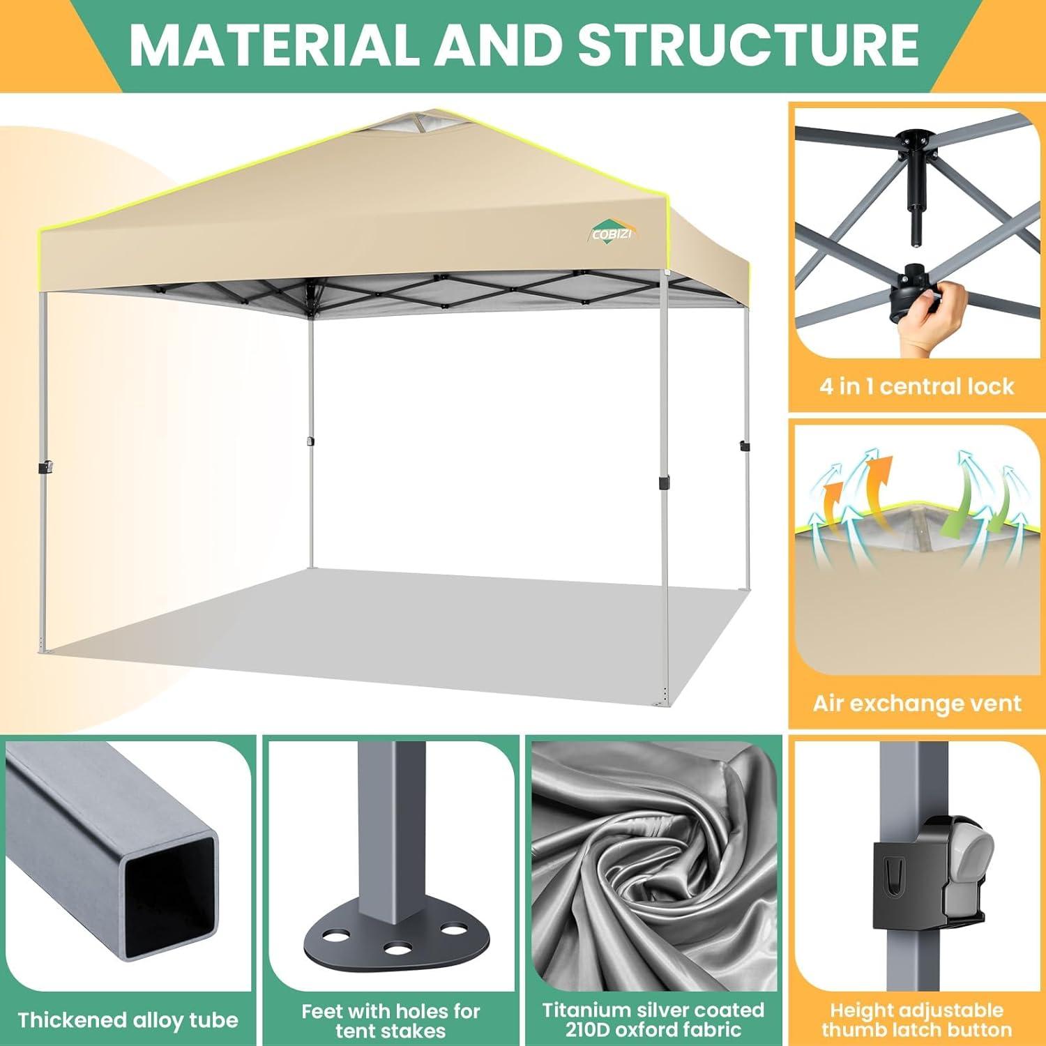 image:imageCOBIZI 10x10 Pop Up Canopy Tent Outdoor Party Tent with 4 Sidewall One Push Setup Glow 3 Adjustable Height Air Vent Waterproof UPF50 Bag 4 Sandbag 8 Stake 4 Rope for Beach CommercialKhaki